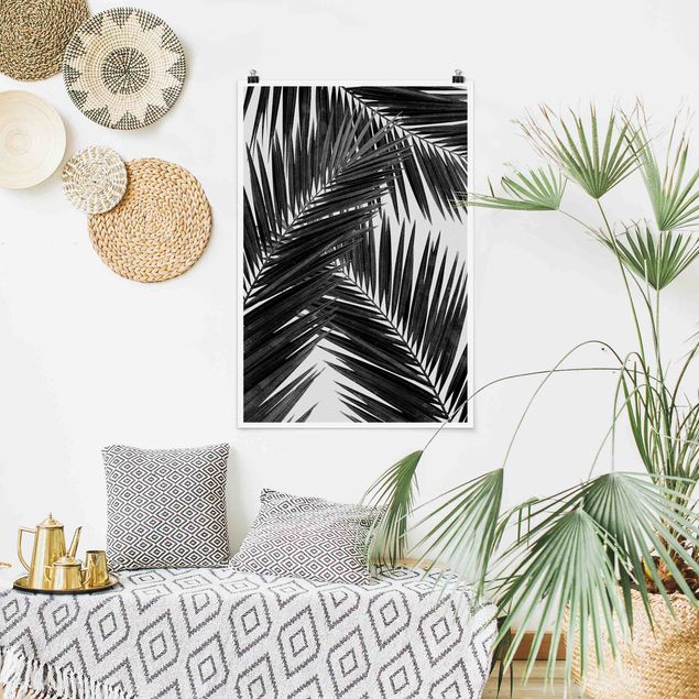 Poster Landschaft Blick durch Palmenblätter schwarz weiß