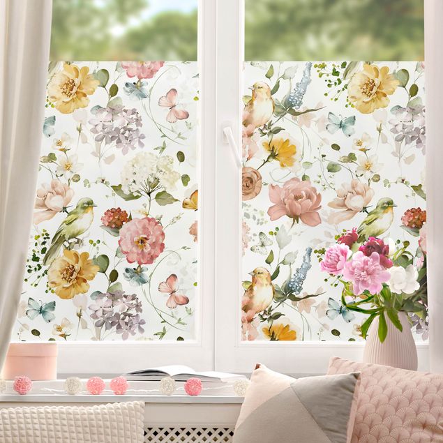 Fensterbilder Blumen Blüten mit Vögel Pattern