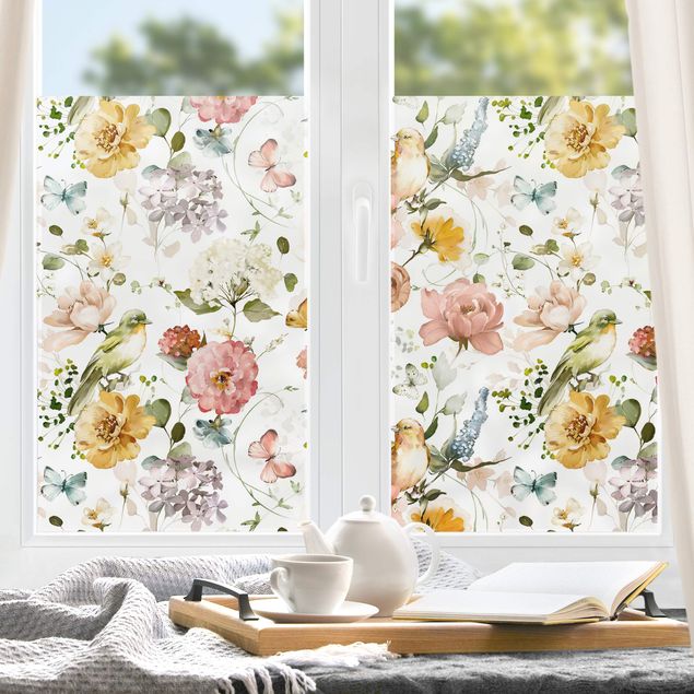 Fensterfolie Blumen Blüten mit Vögel Pattern