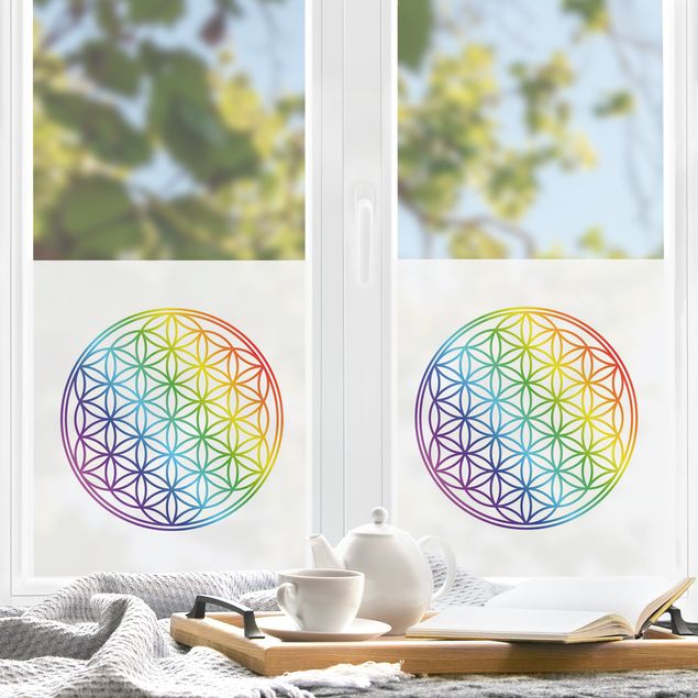 Fensterbilder selbstklebend Blume des Lebens Regenbogenfarbe