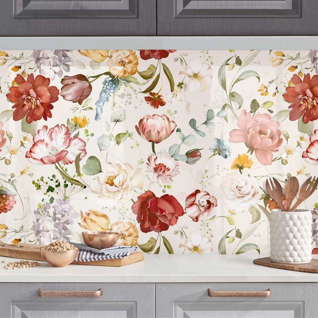 Platte Küchenrückwand Blumen Aquarell Vintage Muster auf Beige