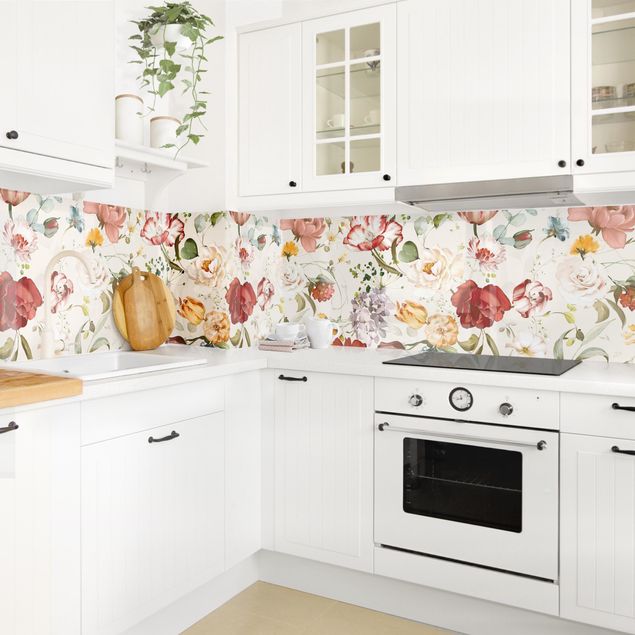 Wandpaneele Küche Blumen Aquarell Vintage Muster auf Beige