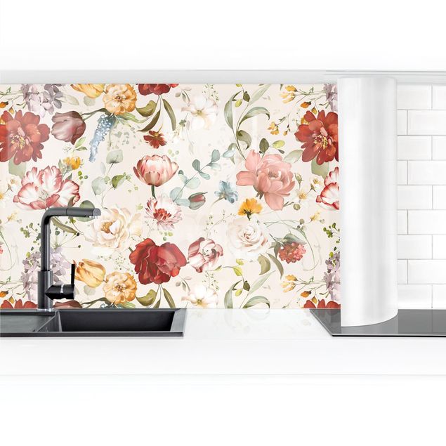 Küchenrückwand selbstklebend Blumen Aquarell Vintage Muster auf Beige