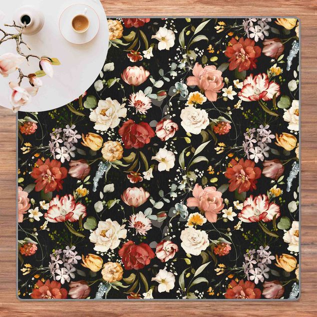 Teppich Blumenmuster Blumen Aquarell Vintage Muster auf Schwarz