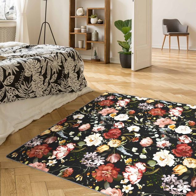 Teppich Orient Blumen Aquarell Vintage Muster auf Schwarz