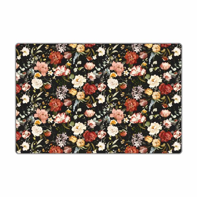 Teppich - Blumen Aquarell Vintage Muster auf Schwarz