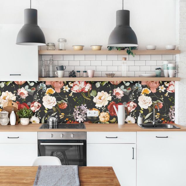 Wandpaneele Küche Blumen Aquarell Vintage Muster auf Schwarz