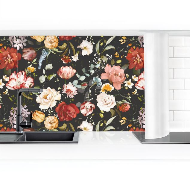 Küchenrückwand selbstklebend Blumen Aquarell Vintage Muster auf Schwarz