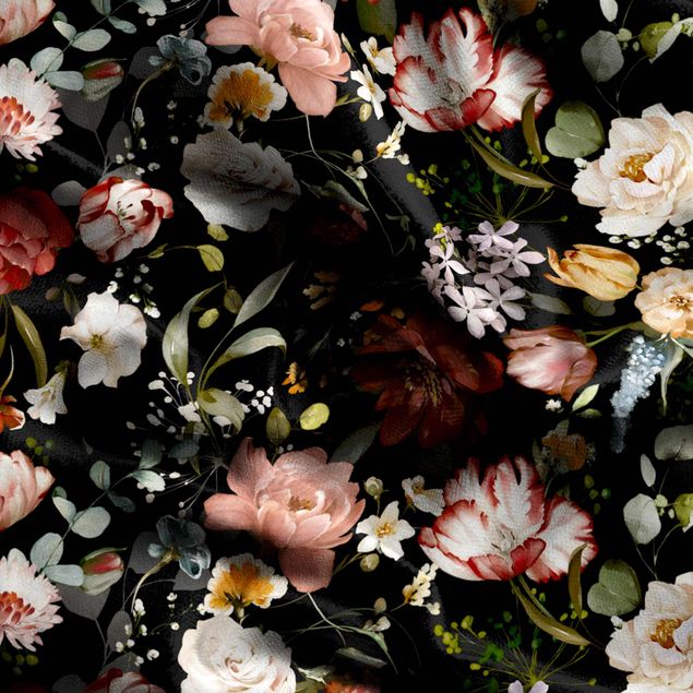 Blickdichte Vorhänge Blumen Aquarell Vintage Muster auf Schwarz
