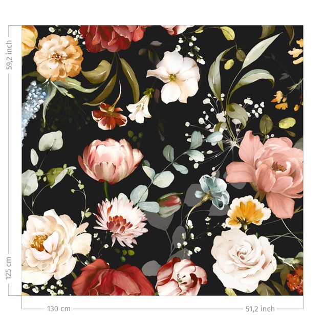 Verdunkelungsvorhänge Blumen Aquarell Vintage Muster auf Schwarz