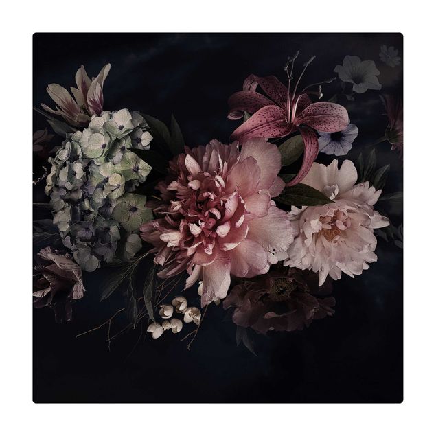 Kork-Teppich - Blumen mit Nebel auf Schwarz - Quadrat 1:1