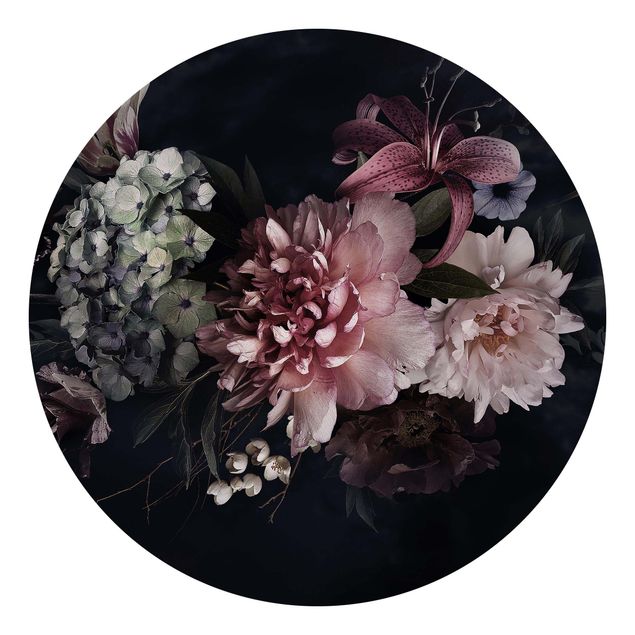 Runde Tapete selbstklebend - Blumen mit Nebel auf Schwarz