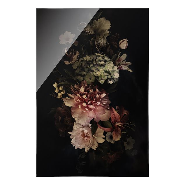Glasbild - Blumen mit Nebel auf Schwarz - Hochformat 3:2