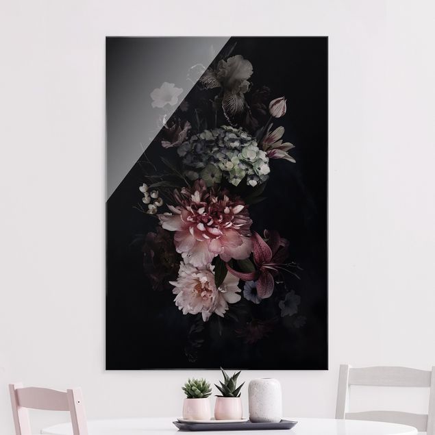 Glas Wandbilder XXL Blumen mit Nebel auf Schwarz