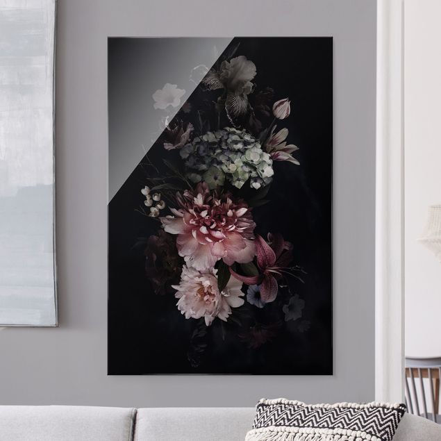 Glasbilder Blumen Blumen mit Nebel auf Schwarz