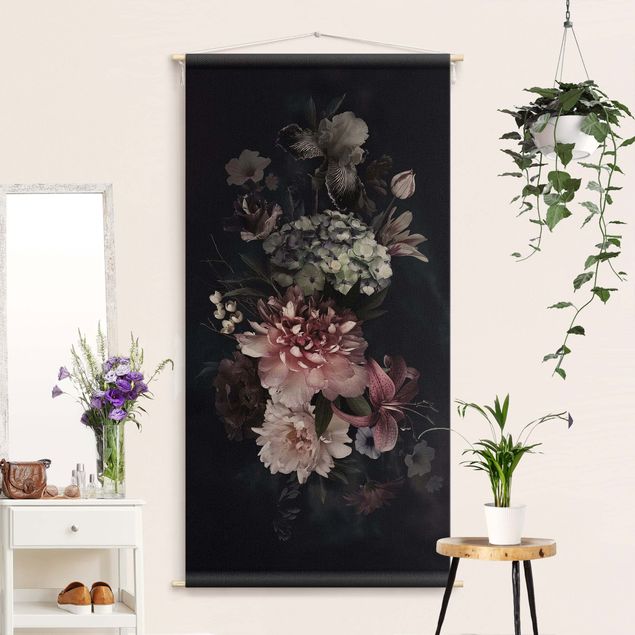 Wandbehang Blumen mit Nebel auf Schwarz