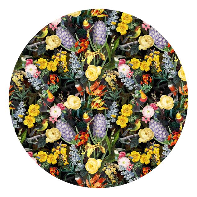 Design Tapeten Blumen mit Tropischen Vögeln Bunt