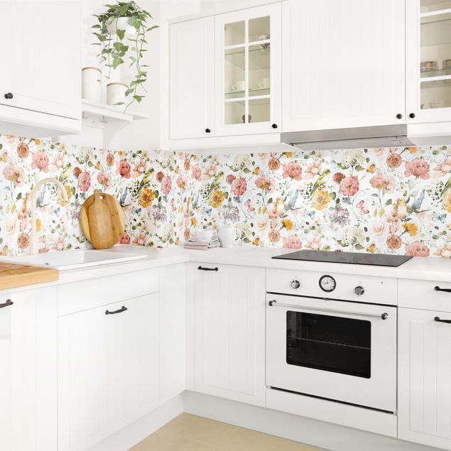 Wandpaneele Küche Blumen und Vögel Aquarell Muster