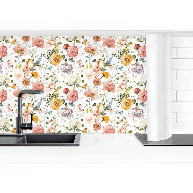 Küchenrückwand selbstklebend Blumen und Vögel Aquarell Muster