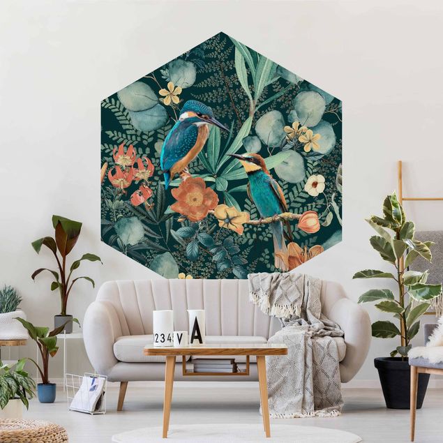 Hexagon Mustertapete selbstklebend - Blumenparadies Eisvogel und Kolibri