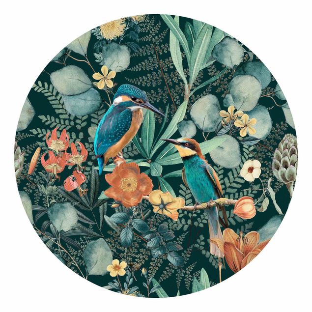 Runde Tapete selbstklebend - Blumenparadies Eisvogel und Kolibri