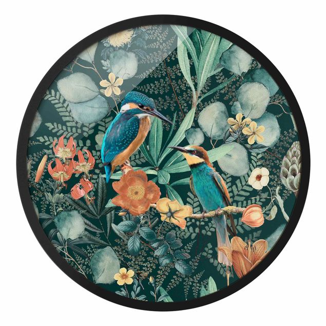 Rundes Gerahmtes Bild - Blumenparadies Eisvogel und Kolibri