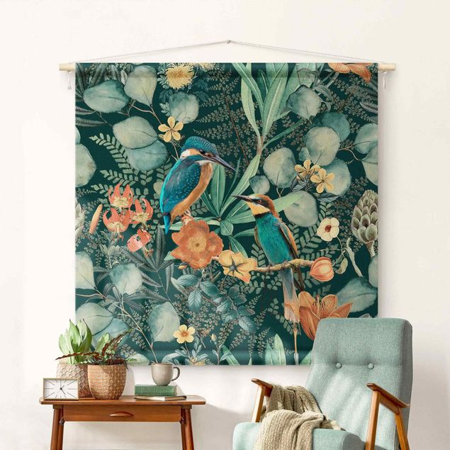 Wandbehang modern Blumenparadies Eisvogel und Kolibri