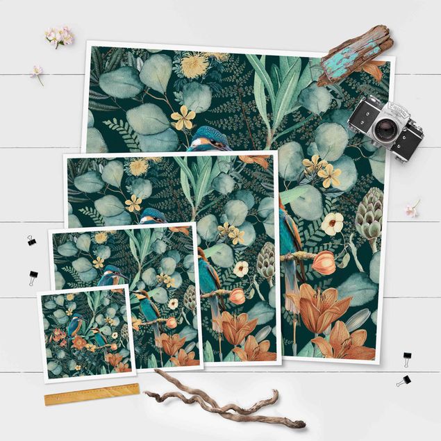 Poster - Blumenparadies Eisvogel und Kolibri - Quadrat 1:1