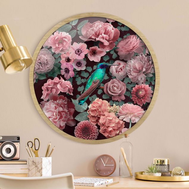 Moderne Bilder mit Rahmen Blumenparadies Kolibri mit Rosen