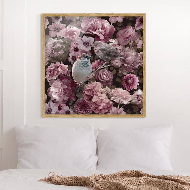 Moderne Bilder mit Rahmen Blumenparadies Spatzen in Altrosa