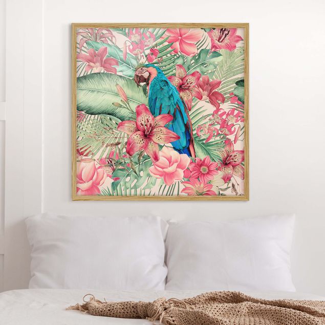 Moderne Bilder mit Rahmen Blumenparadies tropischer Papagei