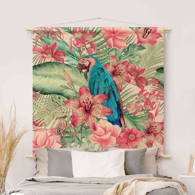 Wandbehang modern Blumenparadies tropischer Papagei