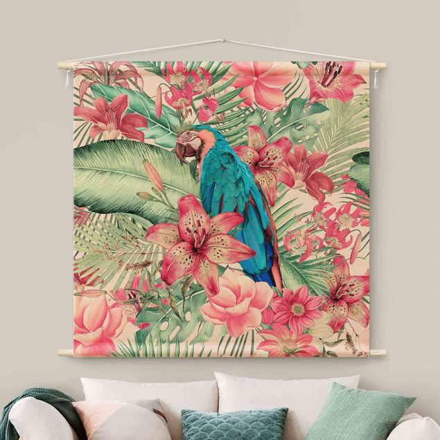Wandbehang Stoff Blumenparadies tropischer Papagei