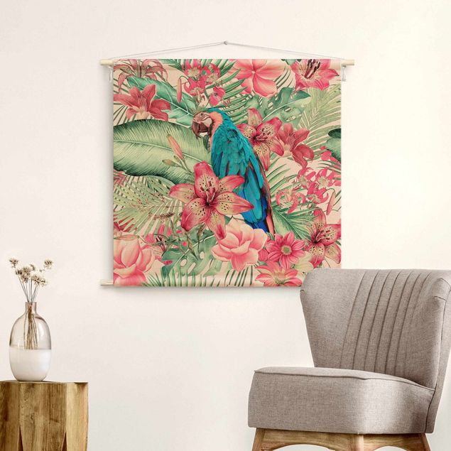 Wandbehang groß Blumenparadies tropischer Papagei