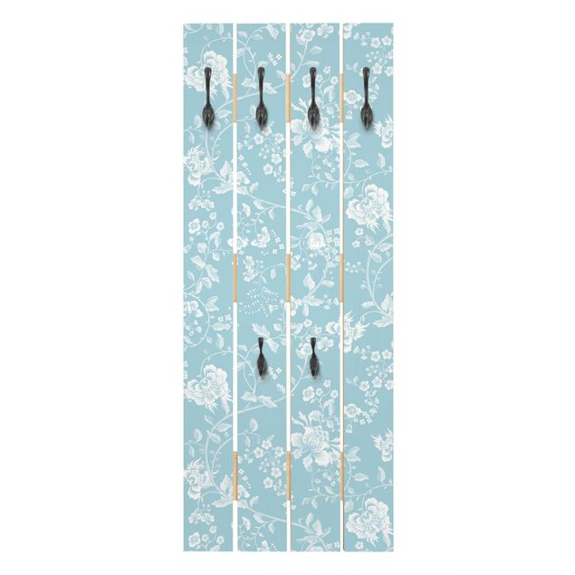 Wandgarderobe Holzpalette - Blumenranken auf Blau