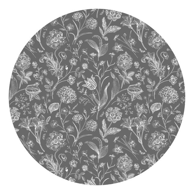 Runde Tapete selbstklebend - Blumentanz auf Grau