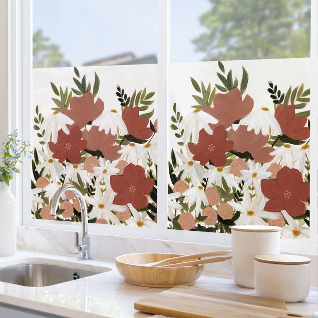 bunte Fensterfolie Blumenvielfalt in Rosa und Weiß I