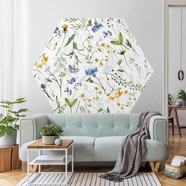 Hexagon Mustertapete selbstklebend - Blumenwiese als Aquarell