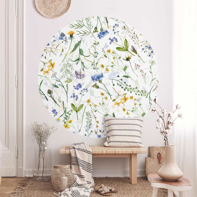 Runde Tapete selbstklebend - Blumenwiese als Aquarell