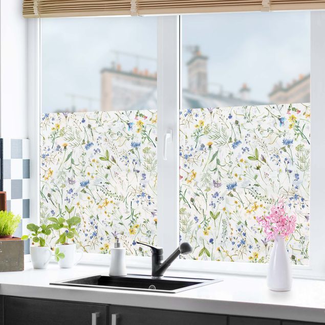 Fensterbilder selbstklebend Blumenwiese als Aquarell