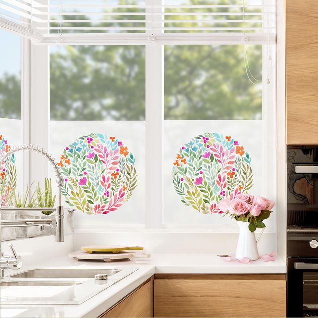 Fensterfolie - Sichtschutz - Blumiges Aquarell im Kreis - Fensterbilder