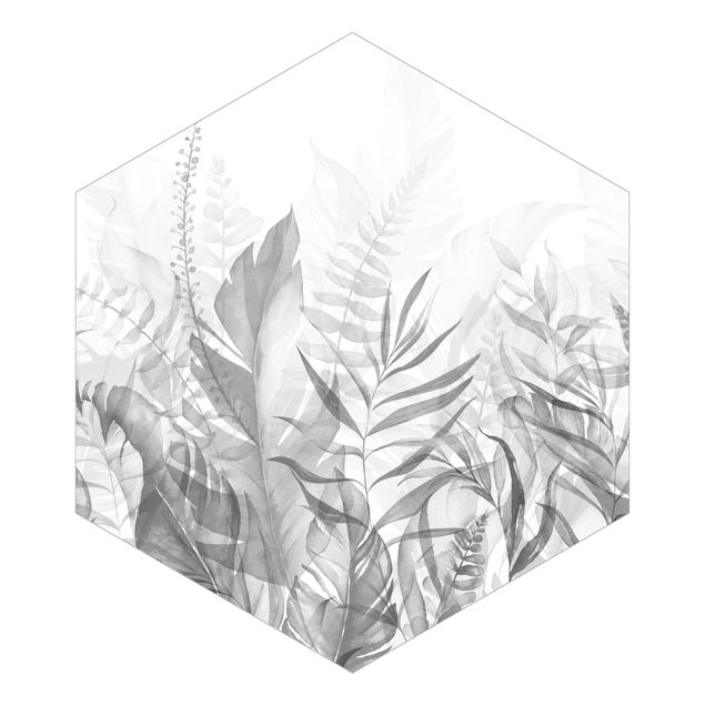 Tapete selbstklebend Botanik - Tropische Blätter Grau