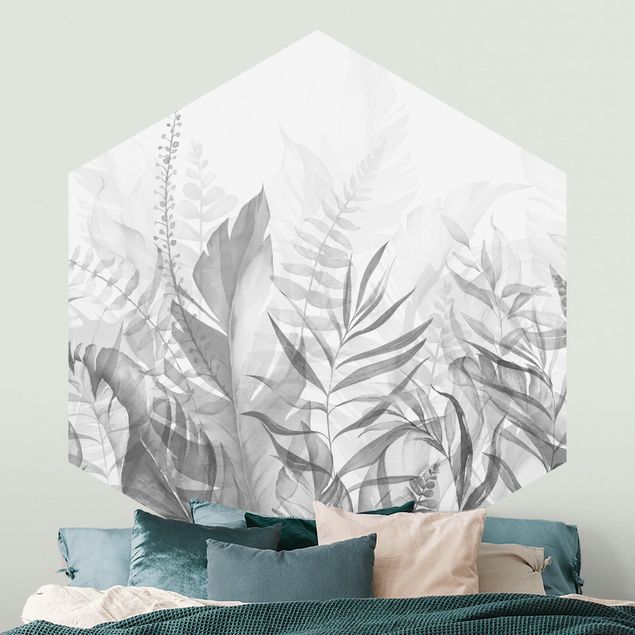 Design Tapeten Botanik - Tropische Blätter Grau