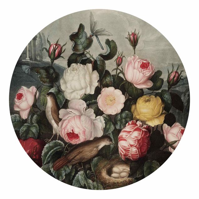 Runde Tapete selbstklebend - Botanik Vintage Illustration Rosen