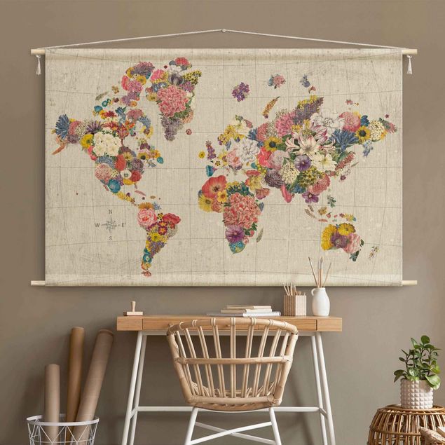 Wandbehang Stoffbild Botanische Weltkarte