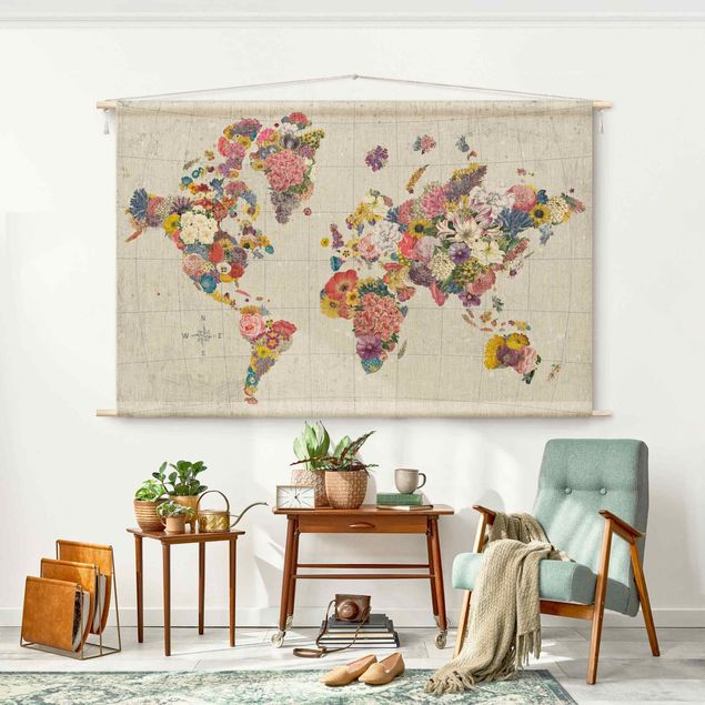 Wandbehang Tuch Botanische Weltkarte
