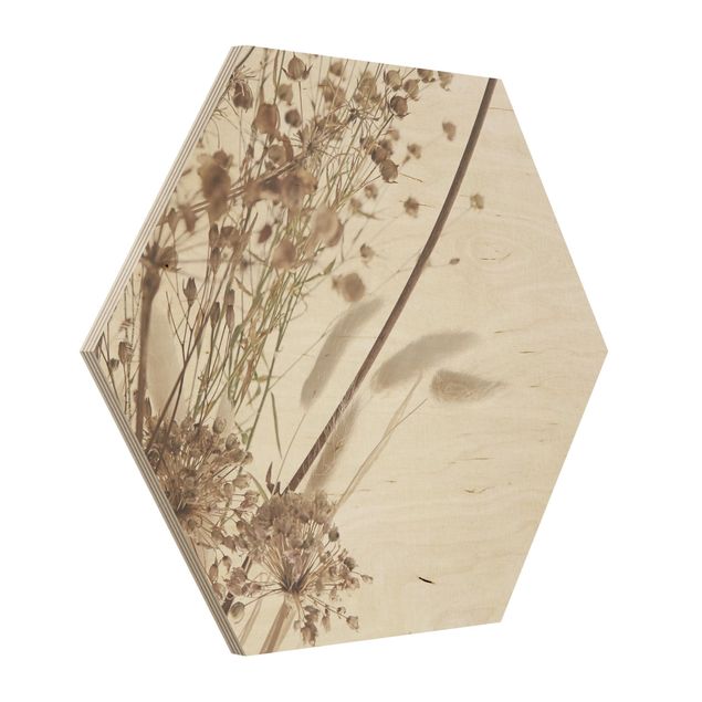 Hexagon Bild Holz - Bouquet aus Ziergras und Blüten