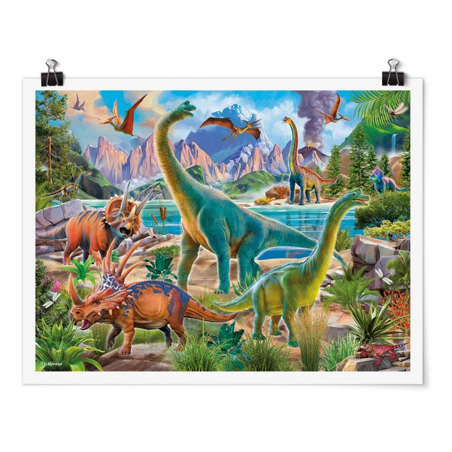 Poster - Brachiosaurus und Tricaterops - Querformat 4:3