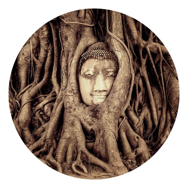 Runde Tapete selbstklebend - Buddha in Ayutthaya von Baumwurzeln gesäumt in Braun