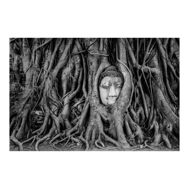 Fototapete selbstklebend Buddha in Ayutthaya von Baumwurzeln gesäumt in Schwarzweiß